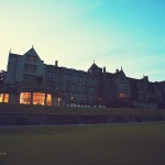 Bovey Castle wedding at dusk with hotel lit up