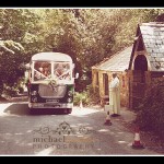 Vintage bus outside church for Truro wedding in Cornwall