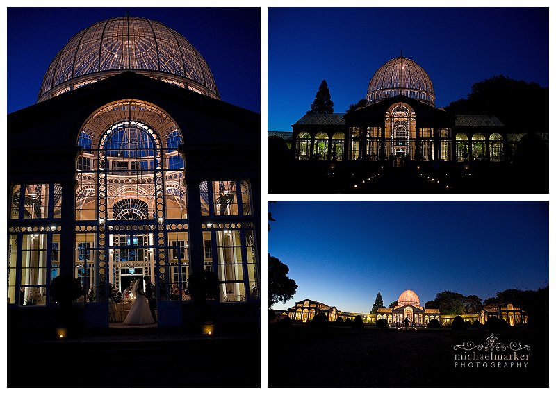 Syon Park great conservatory lit up at night for wedding