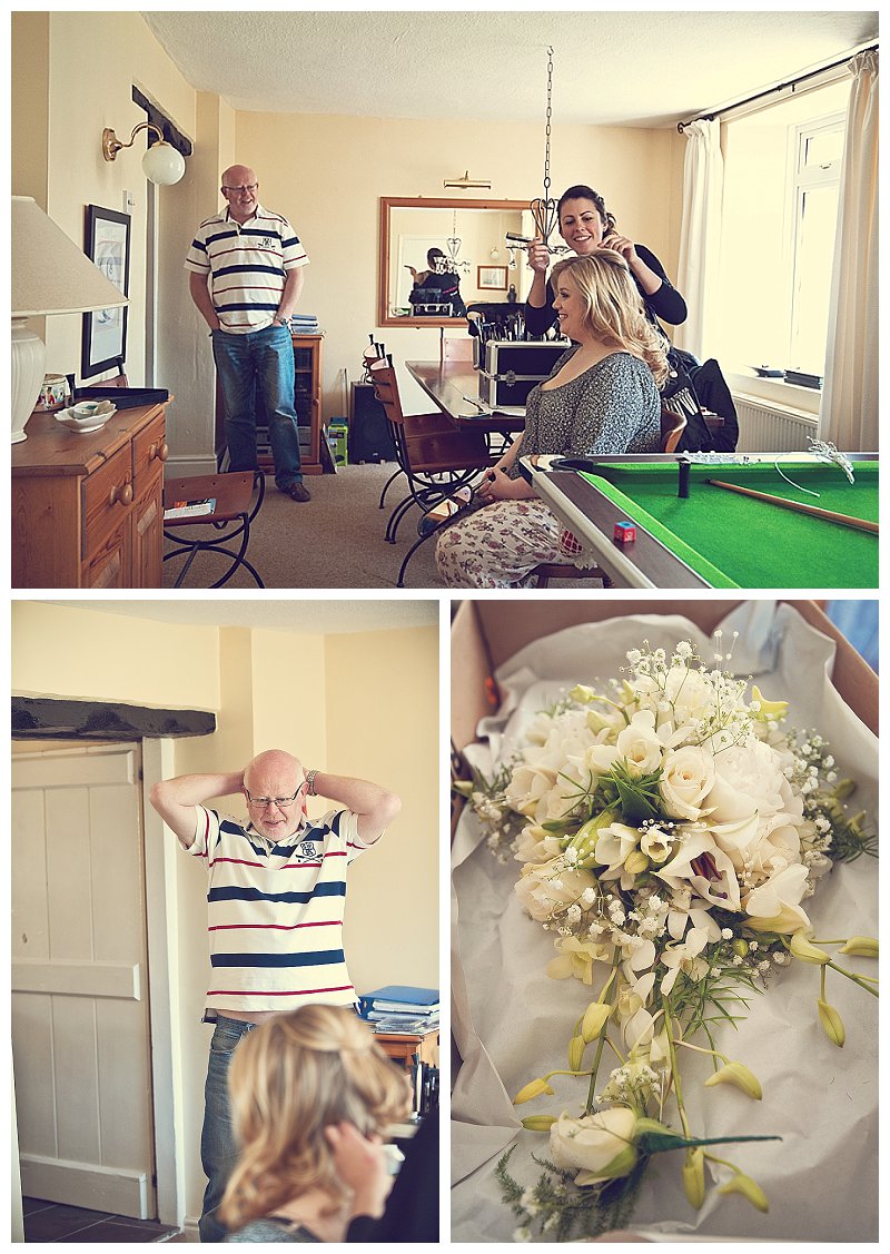 Father of the bride and flowers getting ready at Devon wedding 