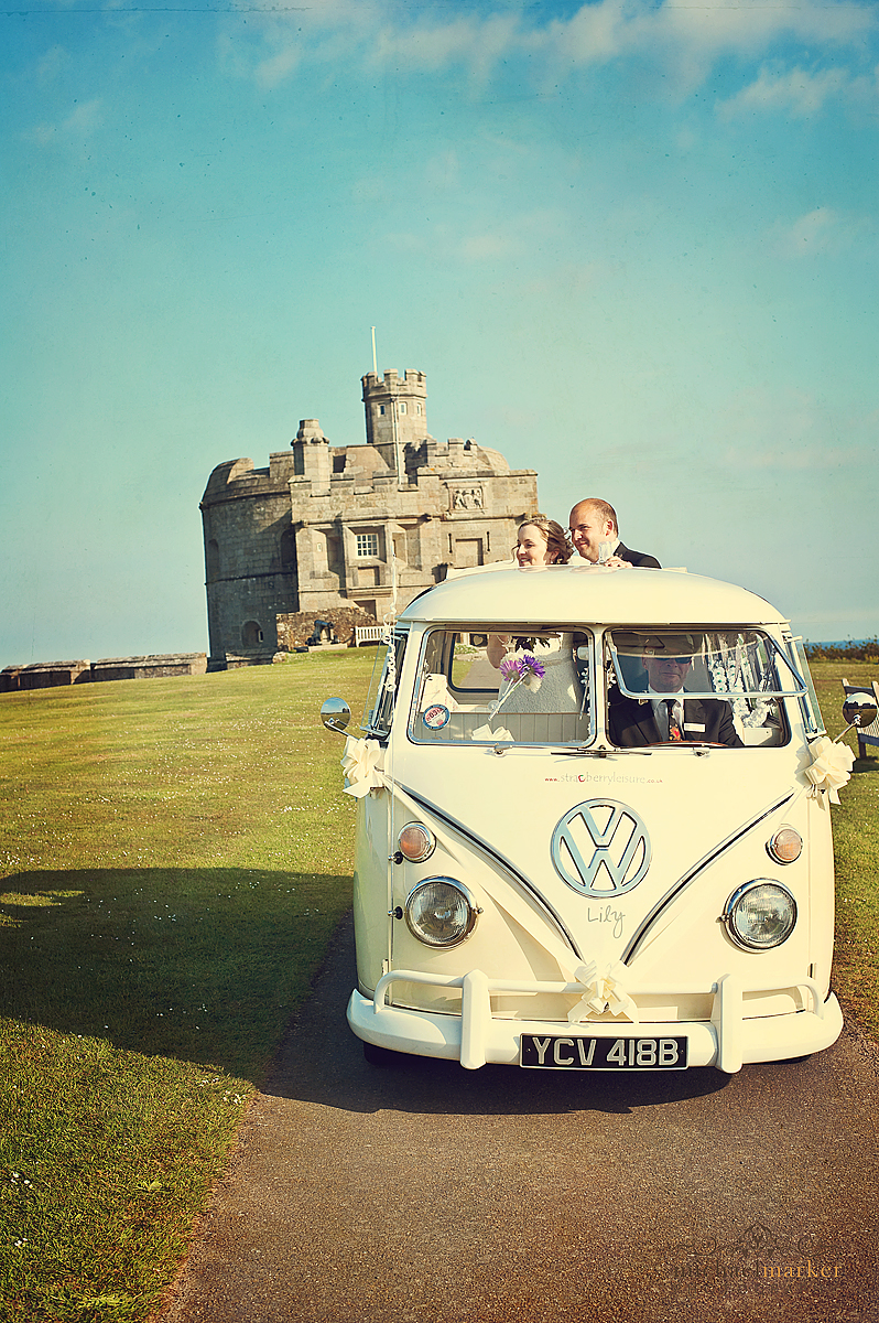 Campervan at Pendennis Castle wedding in Cornwall