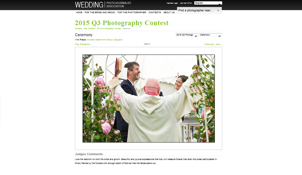 Screen view of wedding photography award