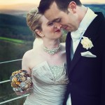 Bride and groom on top of Haldon Belvedere near Exeter