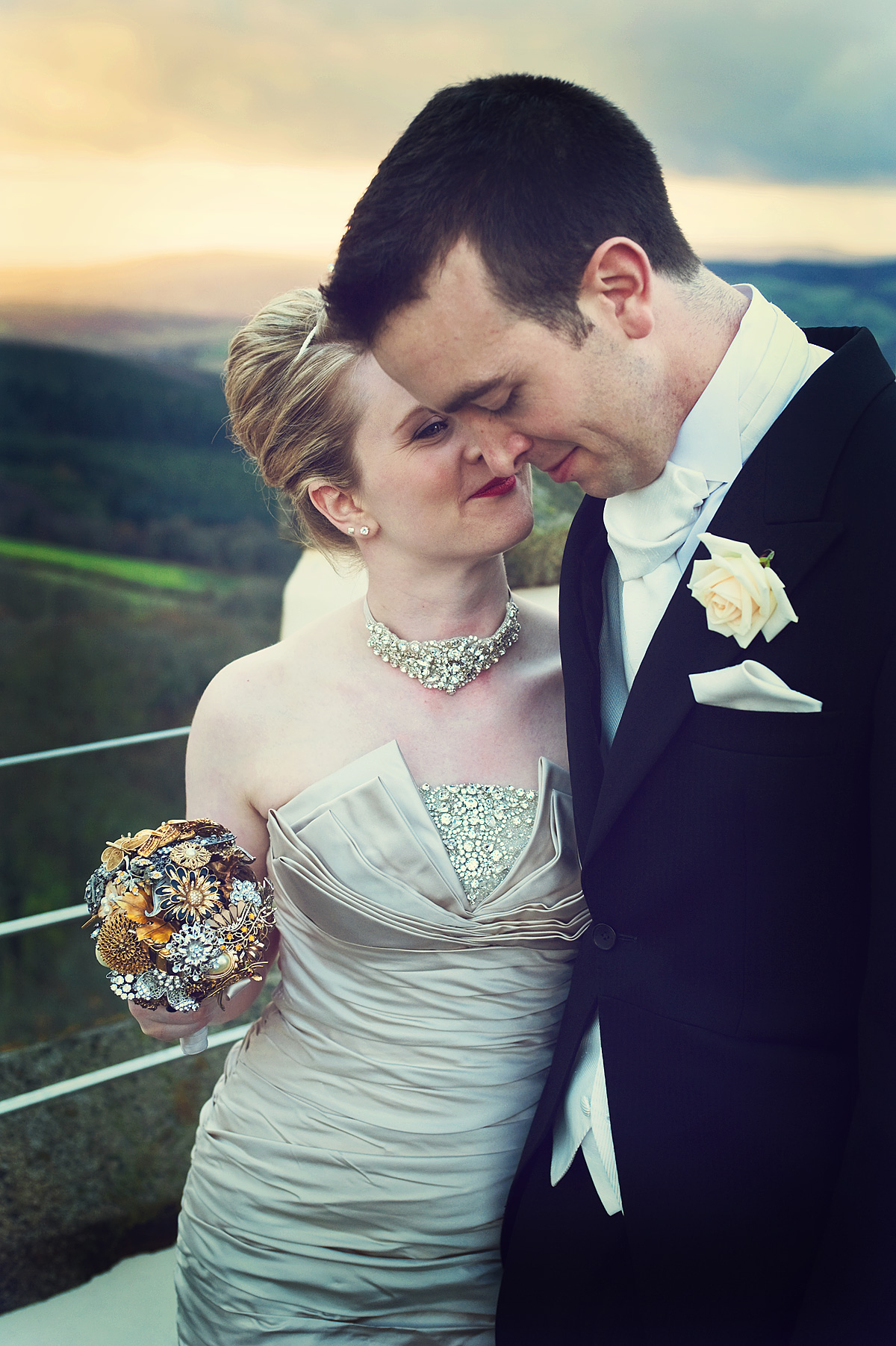 Bride and groom on top of Haldon Belvedere near Exeter