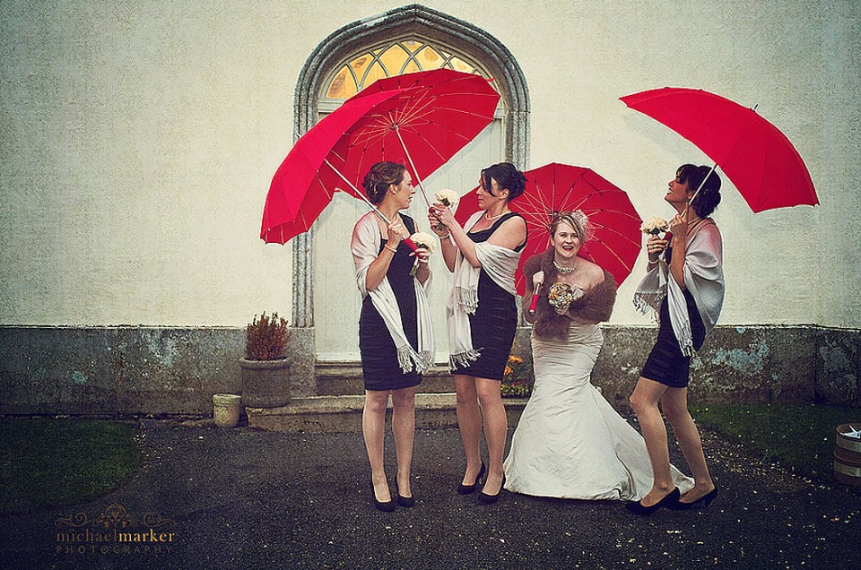 Bride and bridesmaids outside Haldon Belvedere in Devon