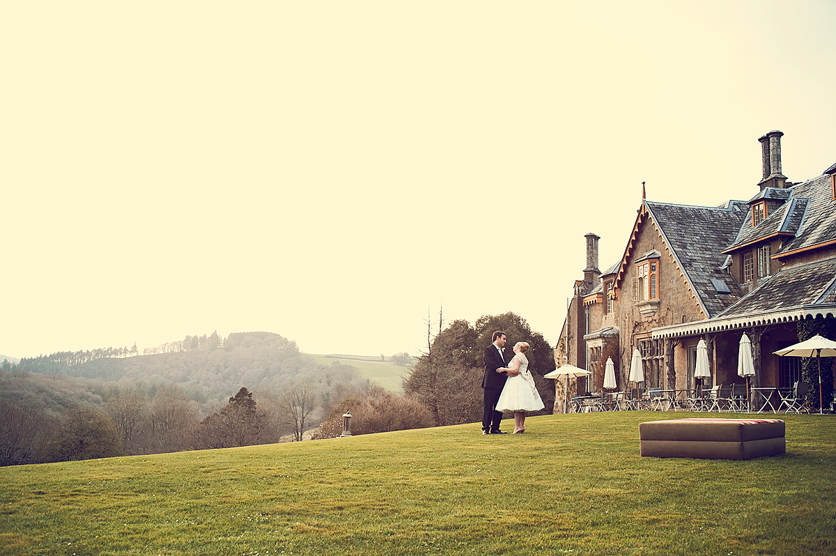 Wedding couple in front of Hotel Endsleigh