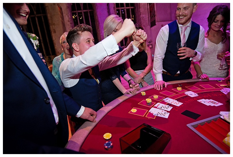 wedding guest celebrates casino win at Dartington Hall in devon