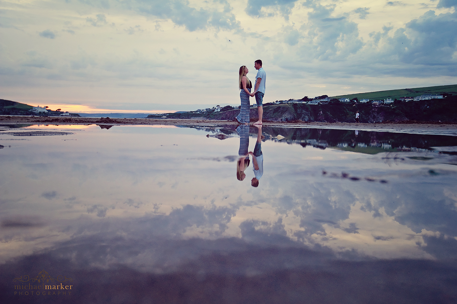 bigbury-beach-engagement-shoot-water-reflections