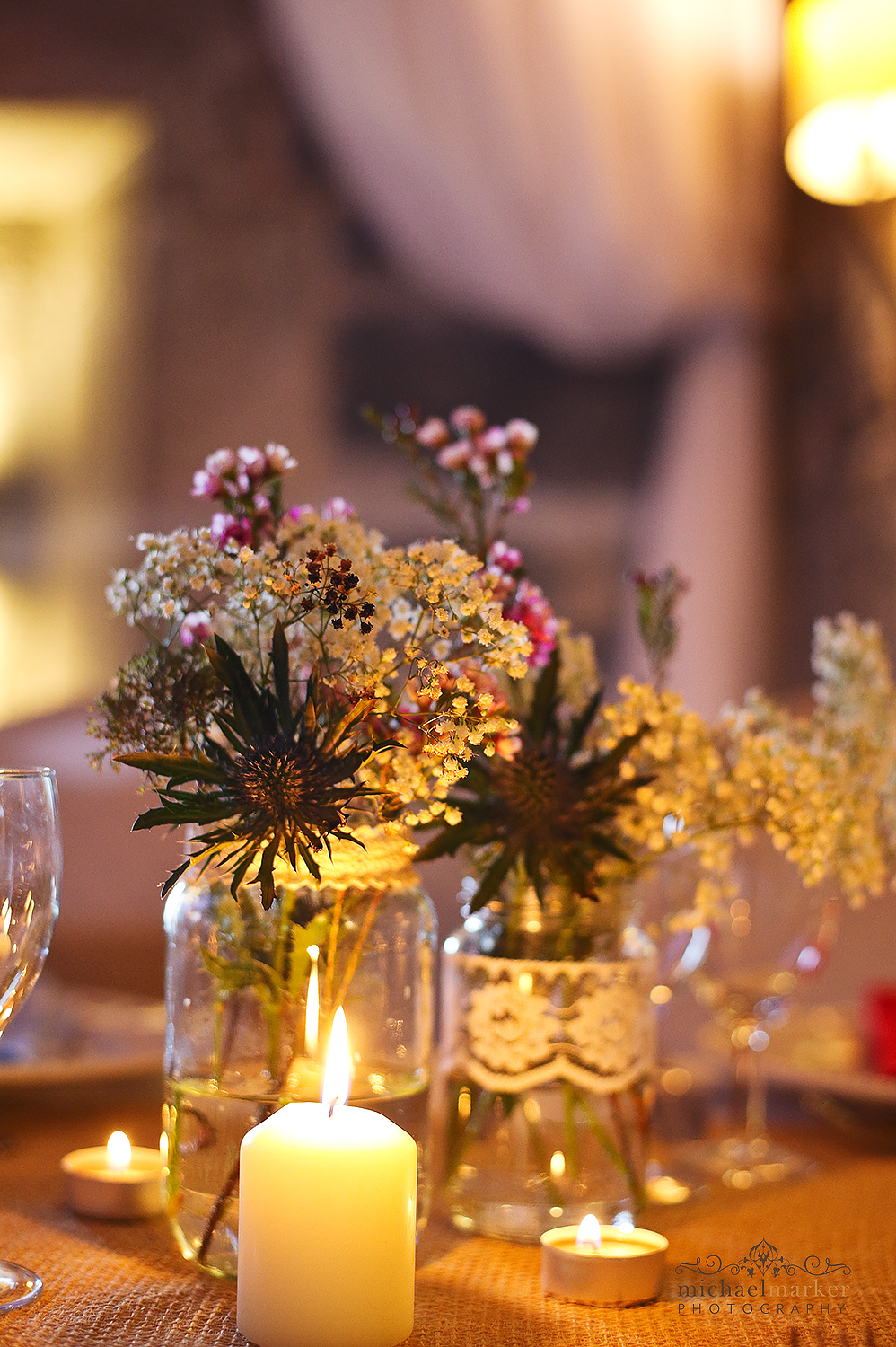 flower table center and candles at Polhawn Fort