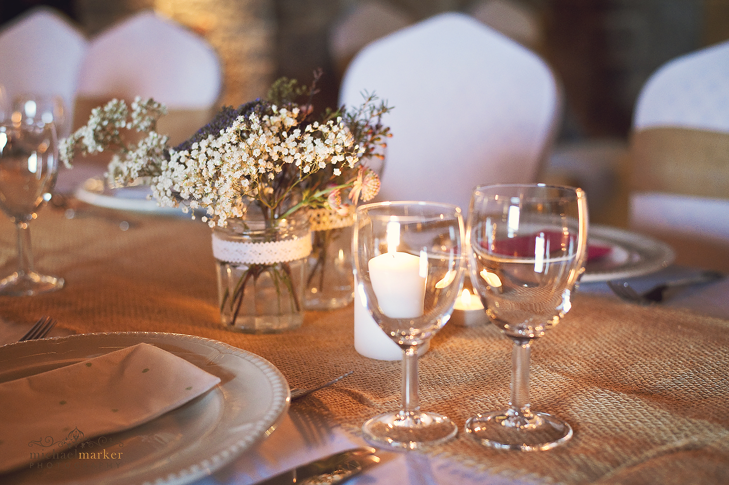 wedding place setting and glasses at polhawn fort