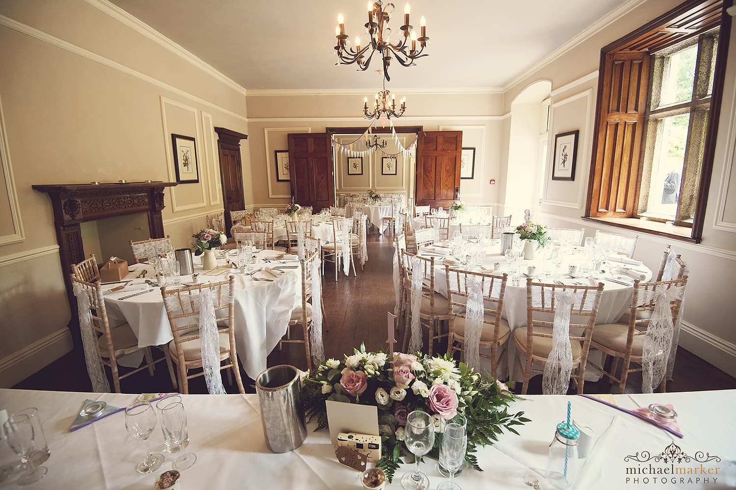 wedding reception room decorated at Langdon court