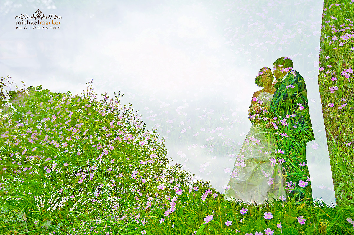 Double exposure photo of bride and groom at Lydford castle