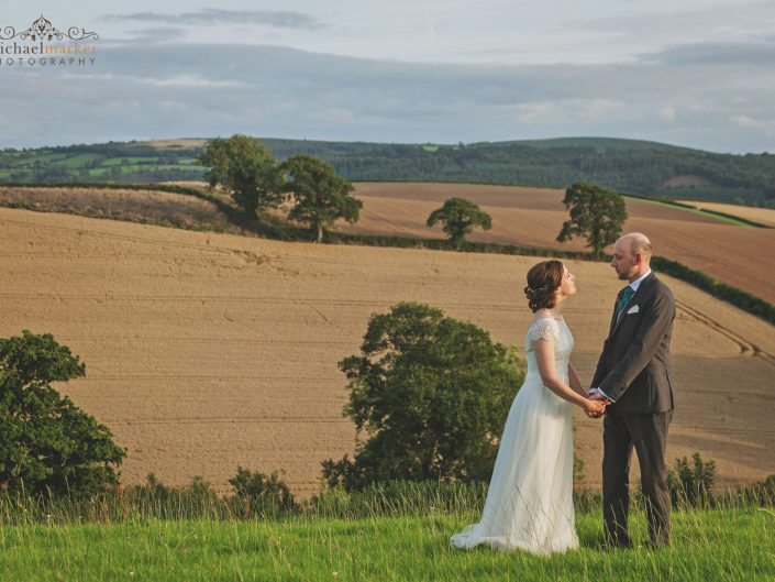 Bride and groom hold hands and look at each other in field at Higher Egbbeer in devon.