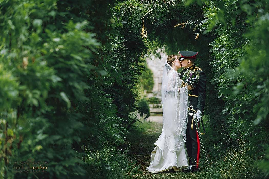 Pentillie military wedding kiss in the garden