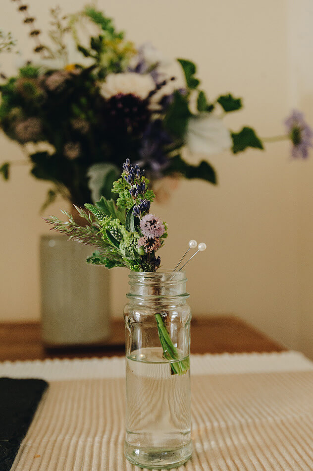 hand tied button hole for a Devon country wedding