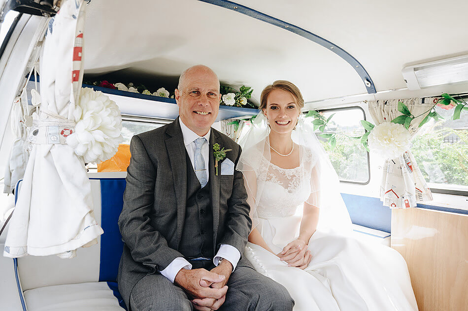 bride and father in vintage camper van at Shilstone House wedding