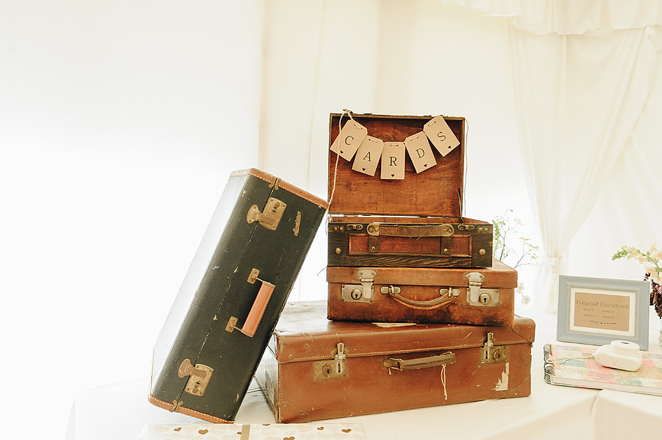 vinateg suitcase wedding table detail at shilstone House